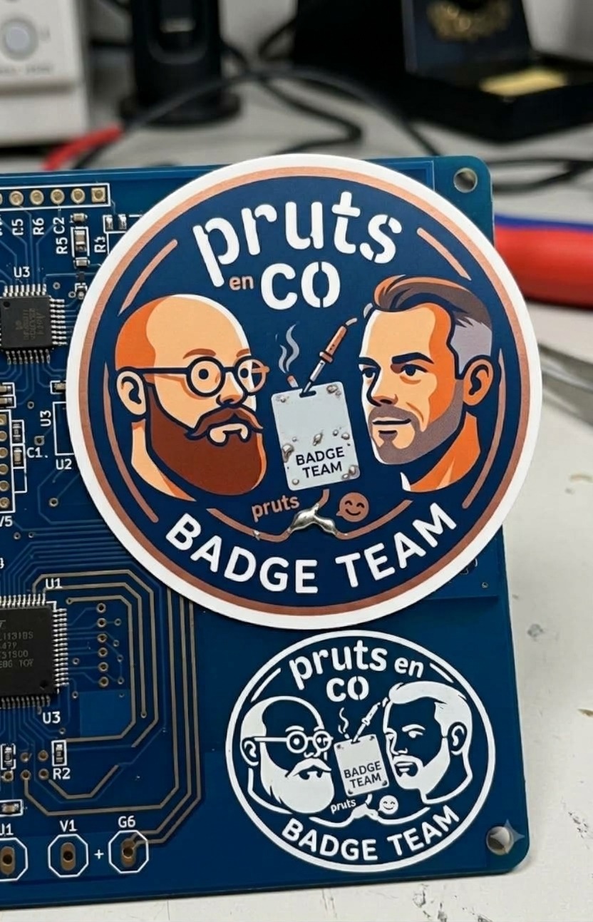 Official Pruts en Co Badge Team sticker on PCB with Rik and Wietse