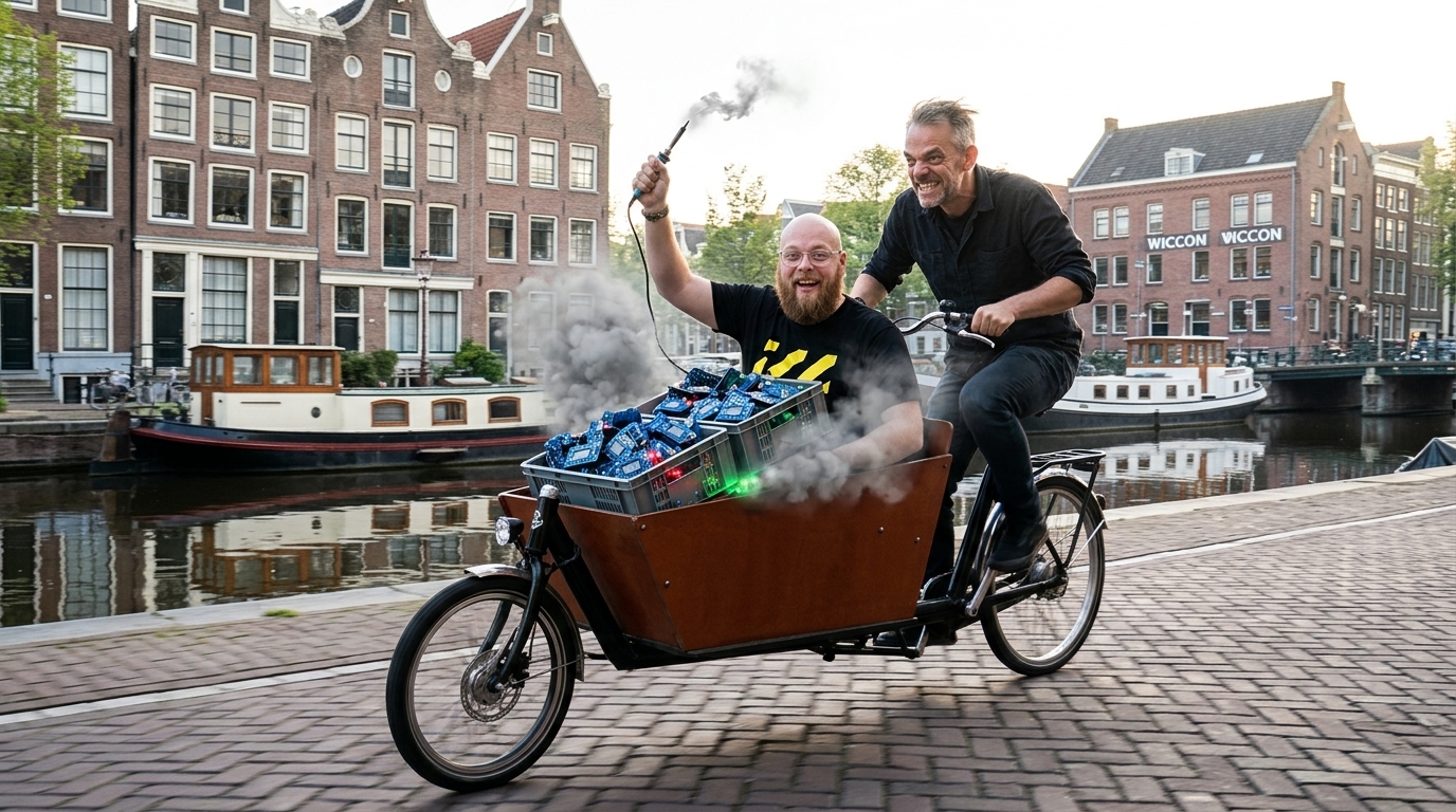Wietse furiously pedaling the Dutch cargo bike while Rik waves a smoking soldering iron in the front crate