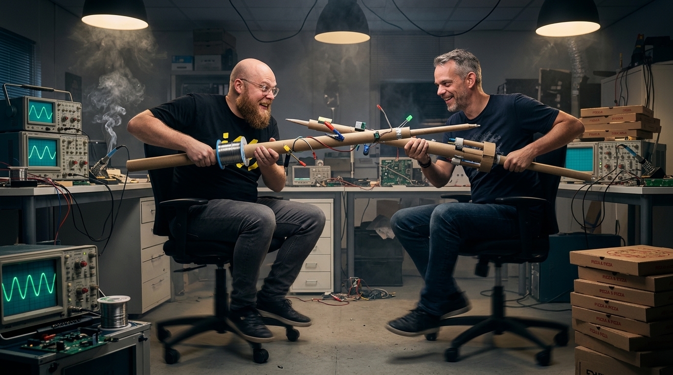 Rik and Wietse chair jousting in the electronics workshop
