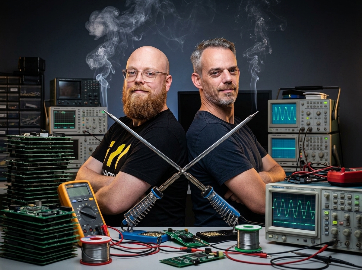 Pruts & Co founders Rik van Duijn and Wietse Boonstra crossing smoking soldering irons