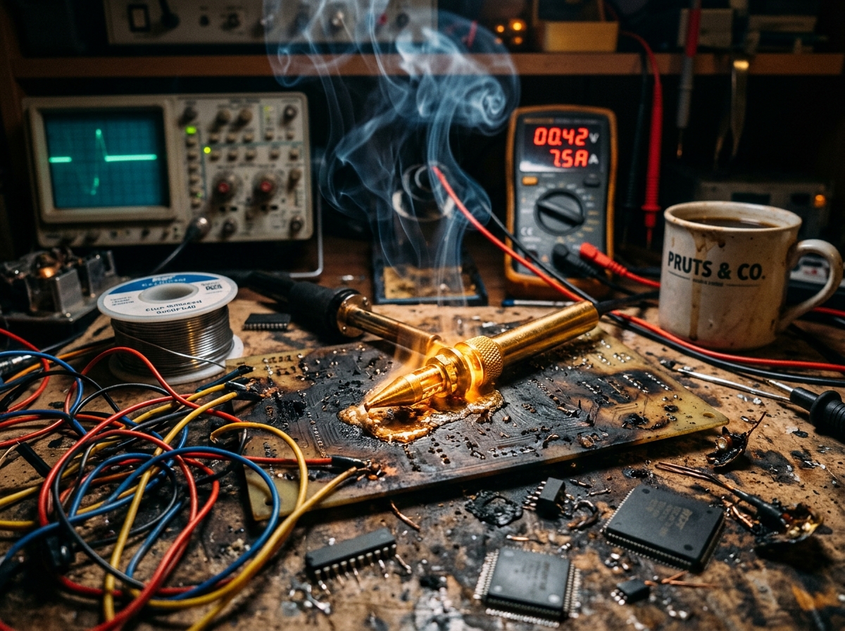 The Golden Solder Tip resting on a smoking circuit board