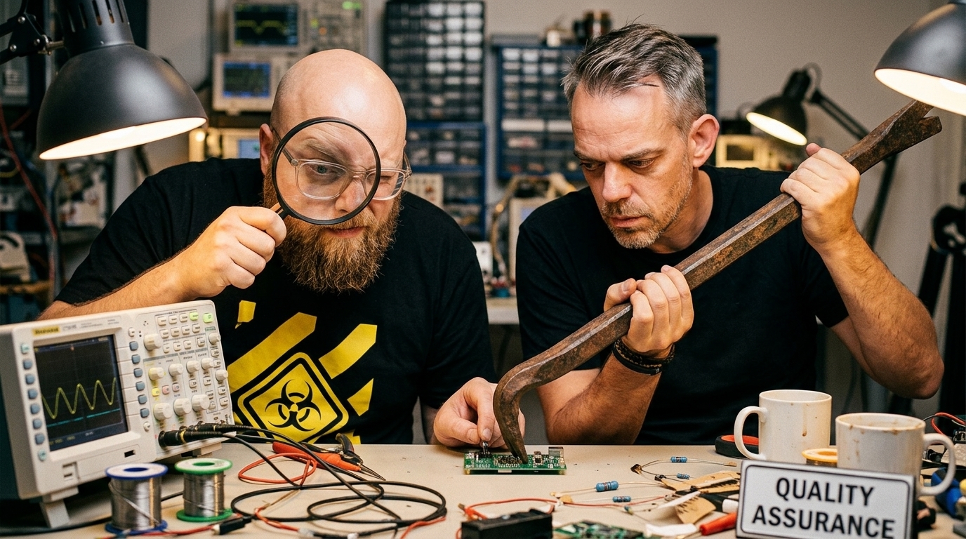 Rik and Wietse performing precision quality assurance with magnifying glass and a giant crowbar