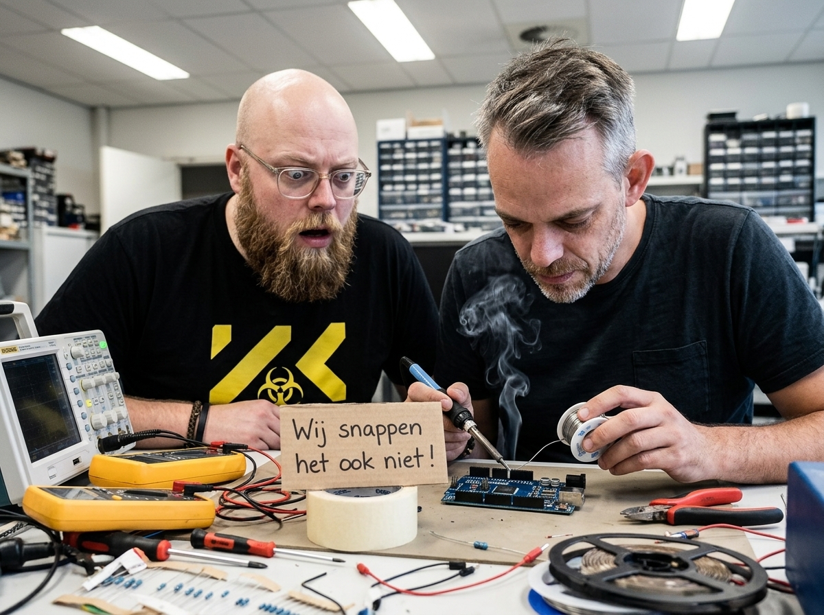 Pruts & Co founders Wietse and Rik looking completely shocked while applying solder