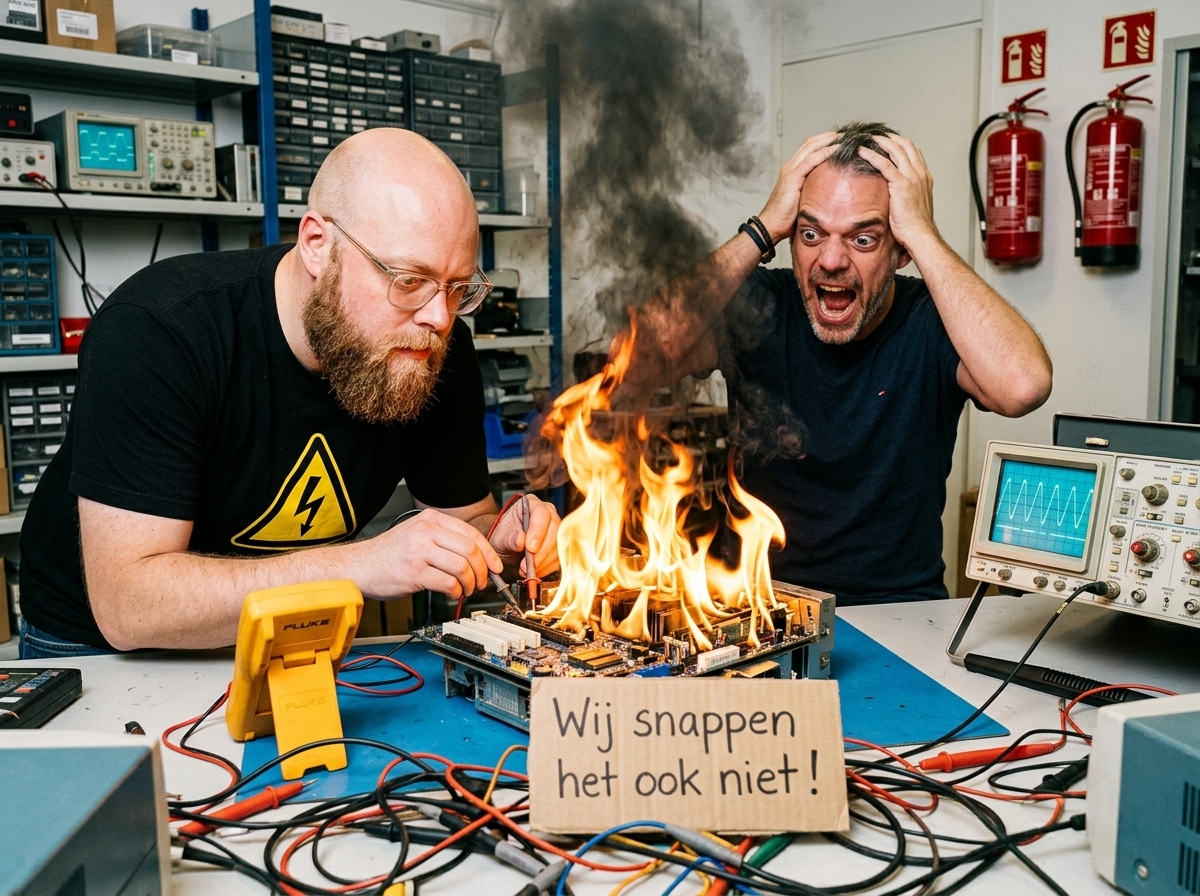 Flames erupting from the circuit board and table as panic ensues