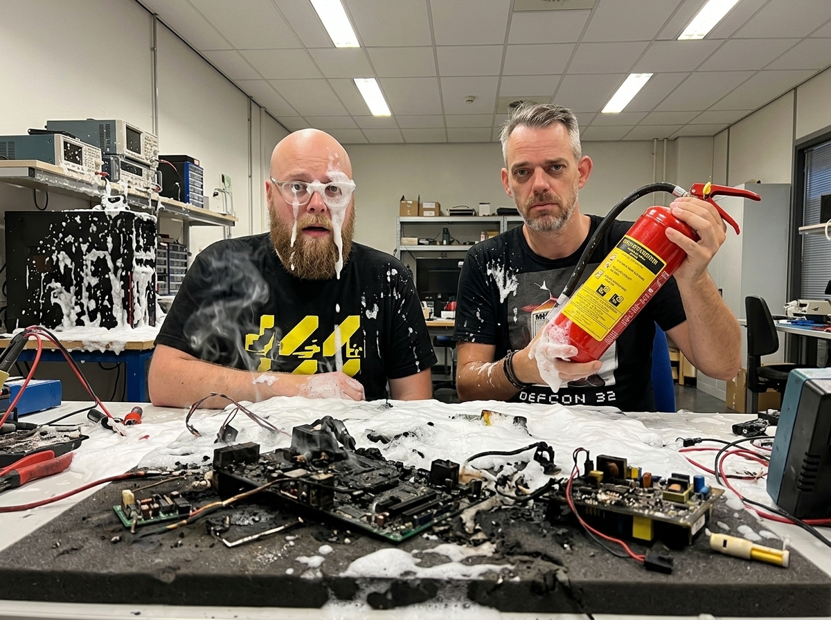 Pruts & Co founders covered in white fire extinguisher foam with charred workbench