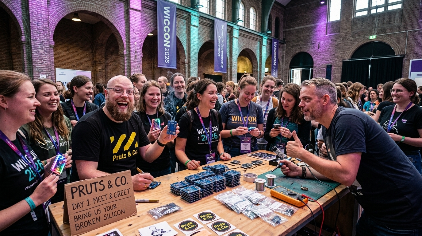 Rik and Wietse surrounded by techie women hackers, cybersecurity engineers, and makers at the WICCON 2026 Meet and Greet in De Lichtfabriek